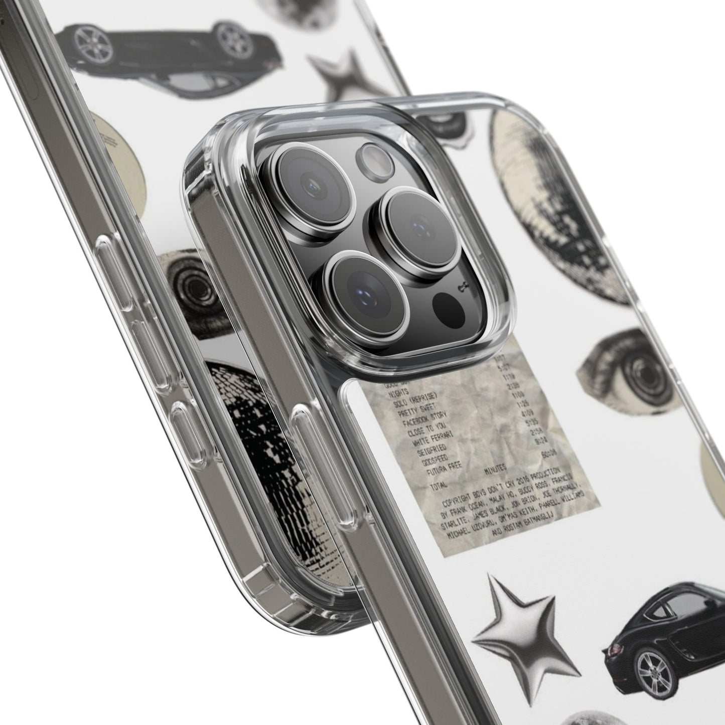 Clear Phone Case — Vintage Collage Stickers (Moon, Eye, Car, Cherries)