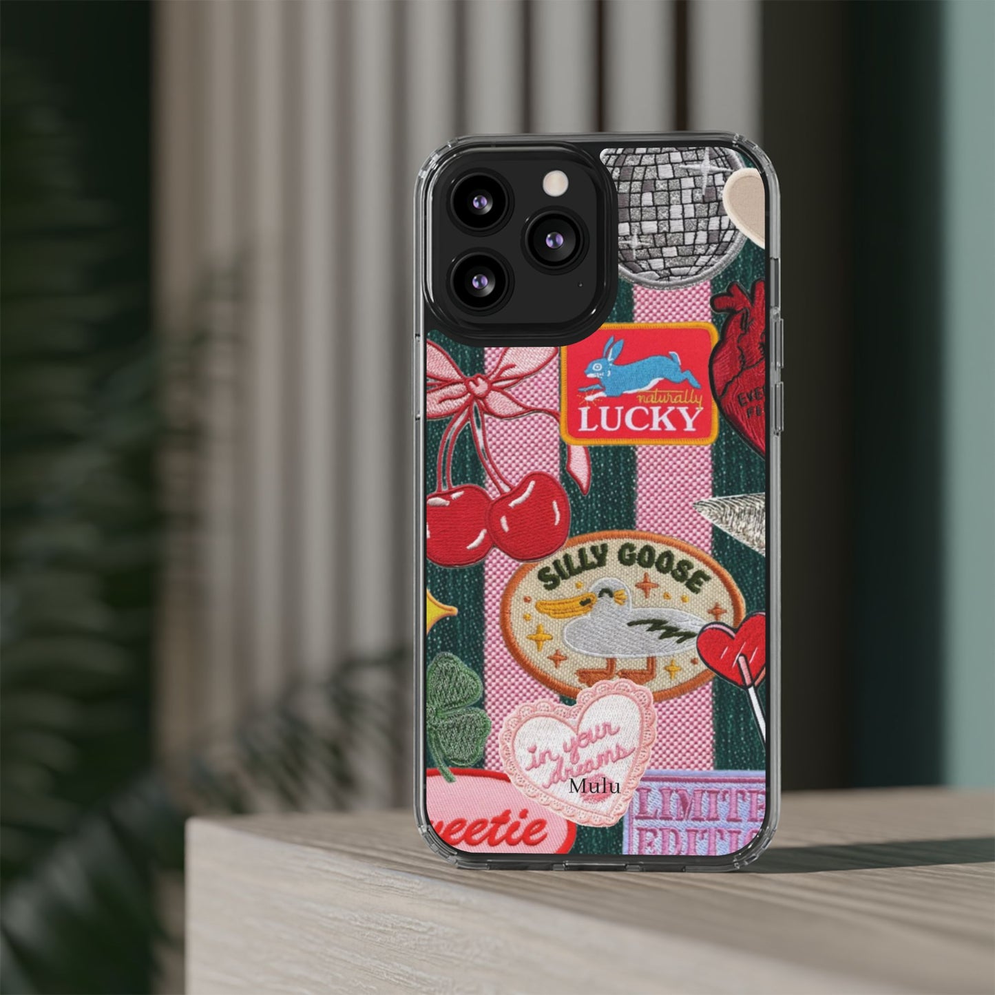 Clear Impact-Resistant Phone Case — Retro Patchwork Stickers (Lucky, Cherries, Silly Goose)