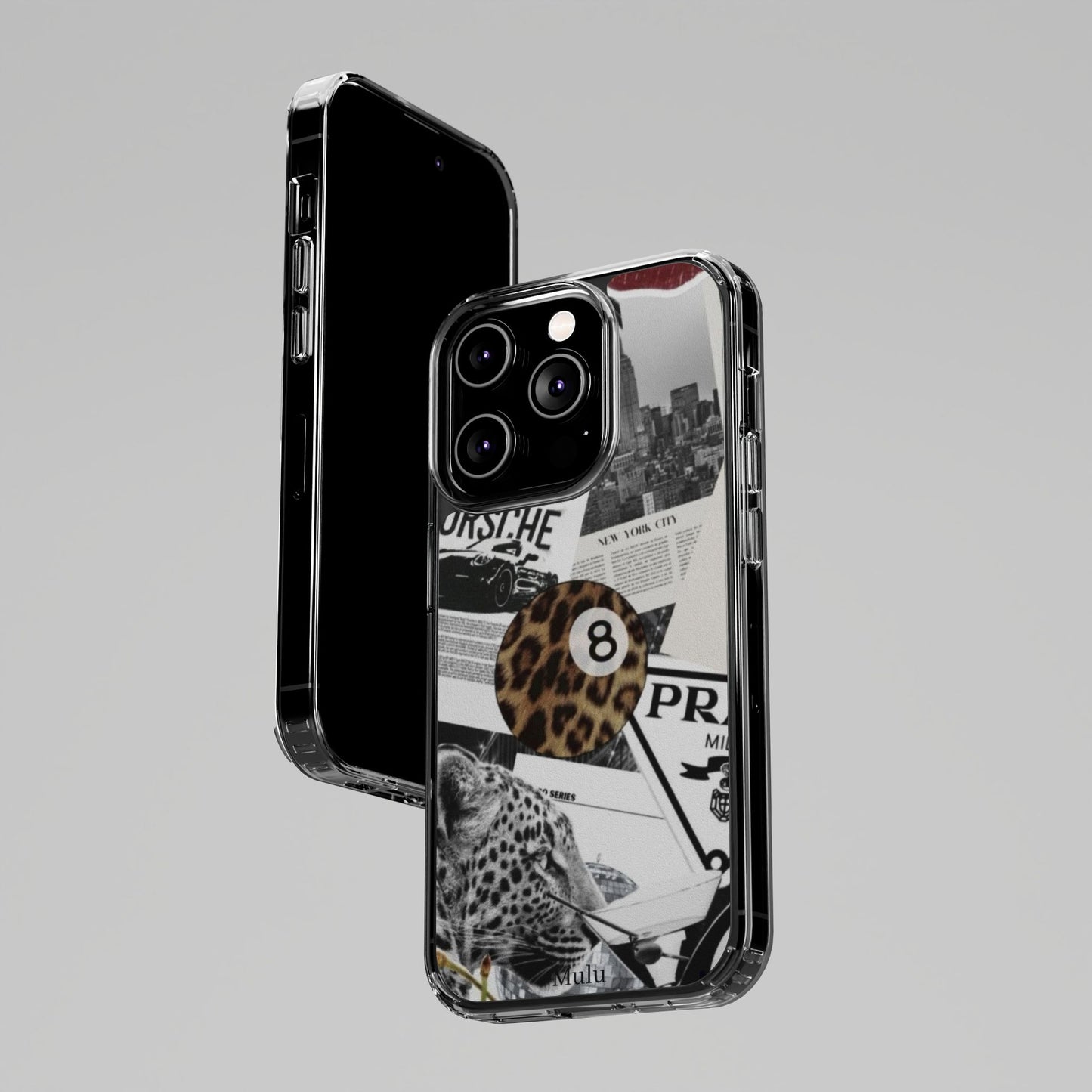 Clear Impact-Resistant Phone Case — Collage Luxury Leopard & Vintage Car Design