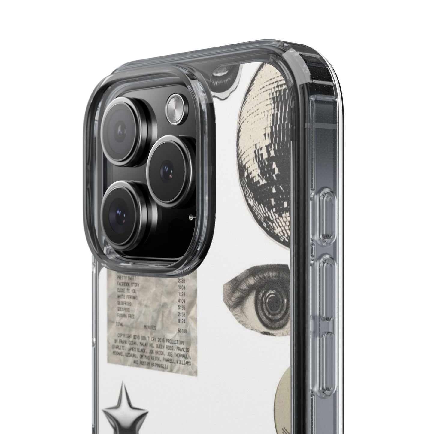 Clear Phone Case — Vintage Collage Stickers (Moon, Eye, Car, Cherries)