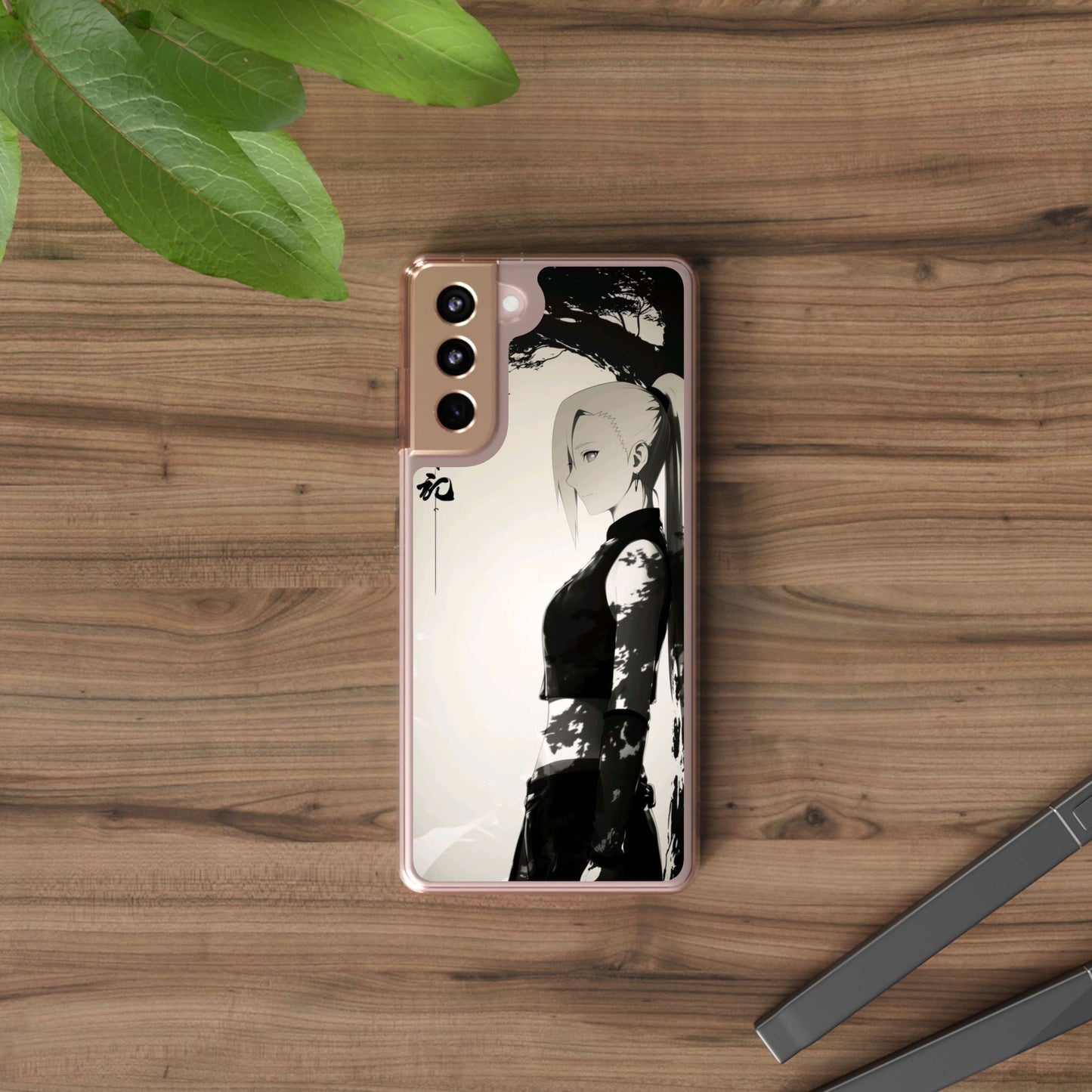 Anime Samurai Clear Phone Case — Monochrome Sumi-E Style