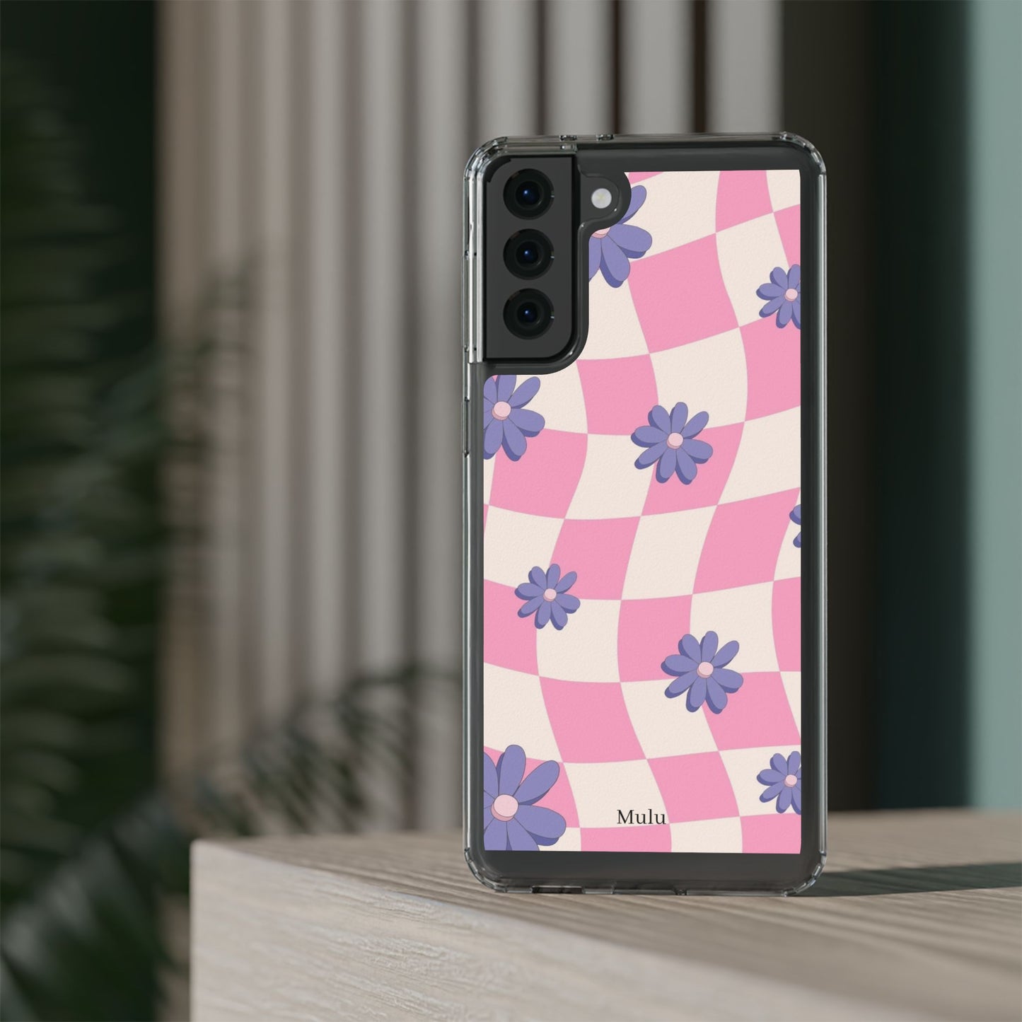 Clear Impact Phone Case — Pink Checkerboard with Purple Flowers