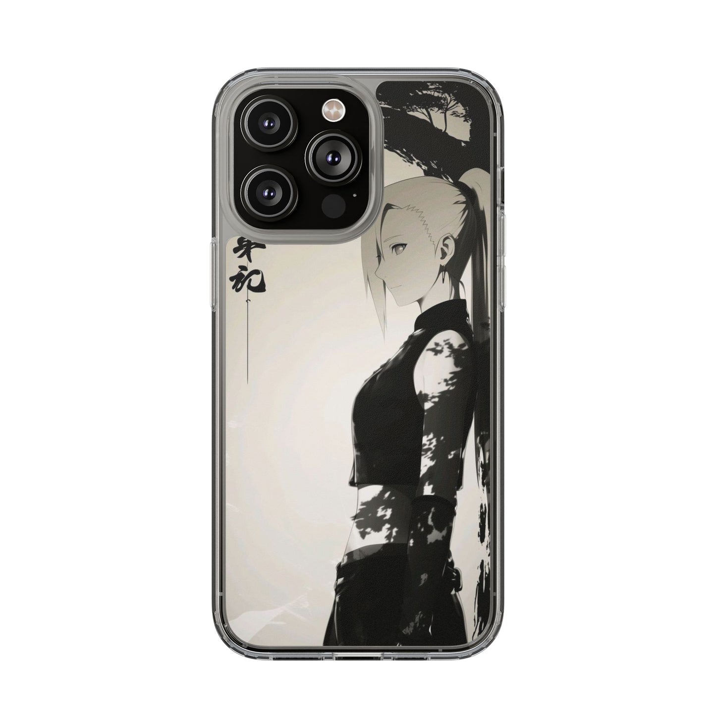 Anime Samurai Clear Phone Case — Monochrome Sumi-E Style