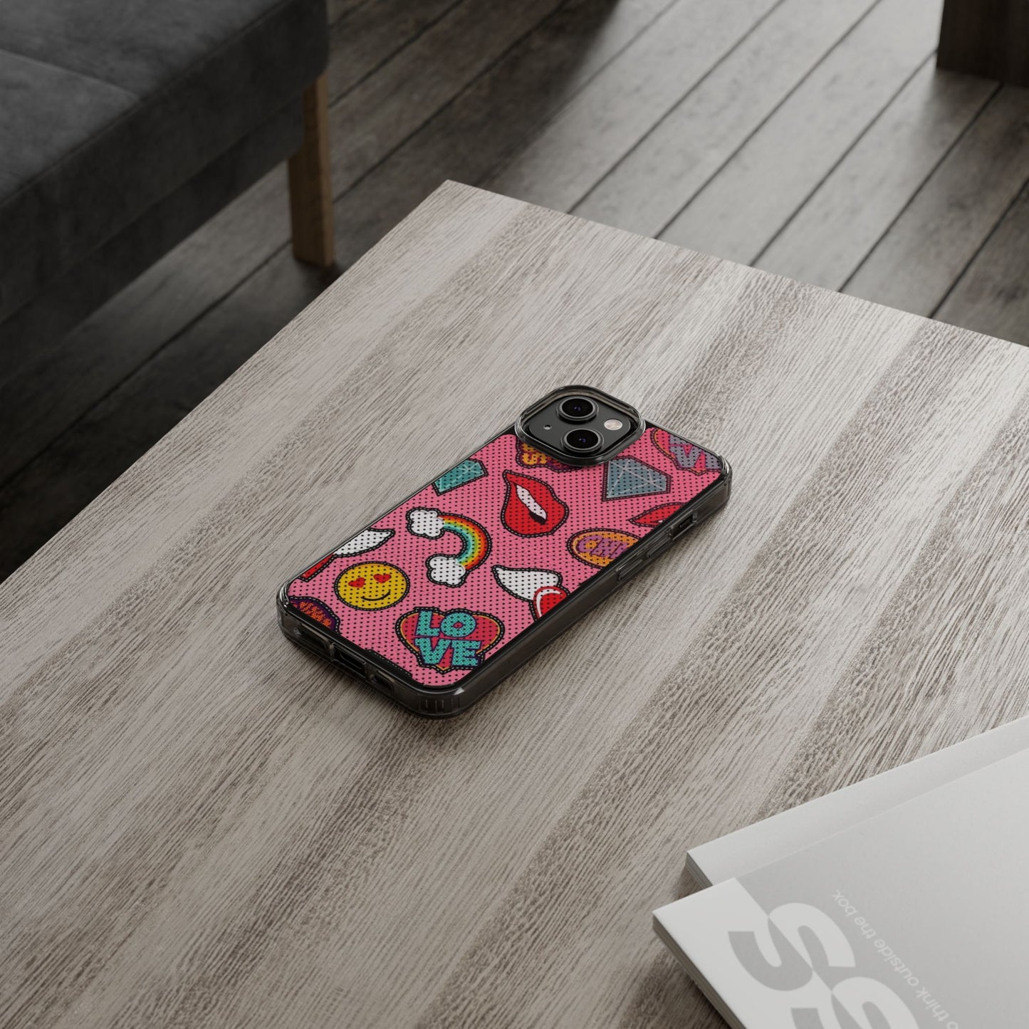 Clear Impact-Resistant Phone Case — Pink Pop Sticker Pattern (Hearts, Rainbows, Smileys)