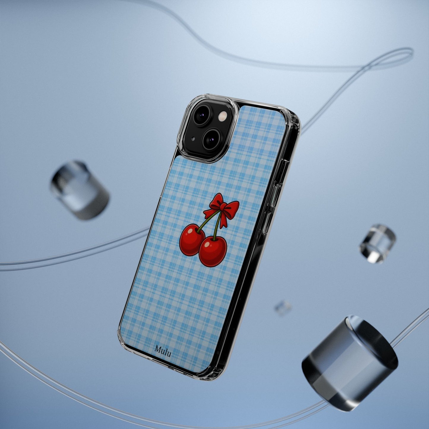 Clear Cherry Gingham Phone Case — Impact-Resistant Clear Case with Red Cherry Design