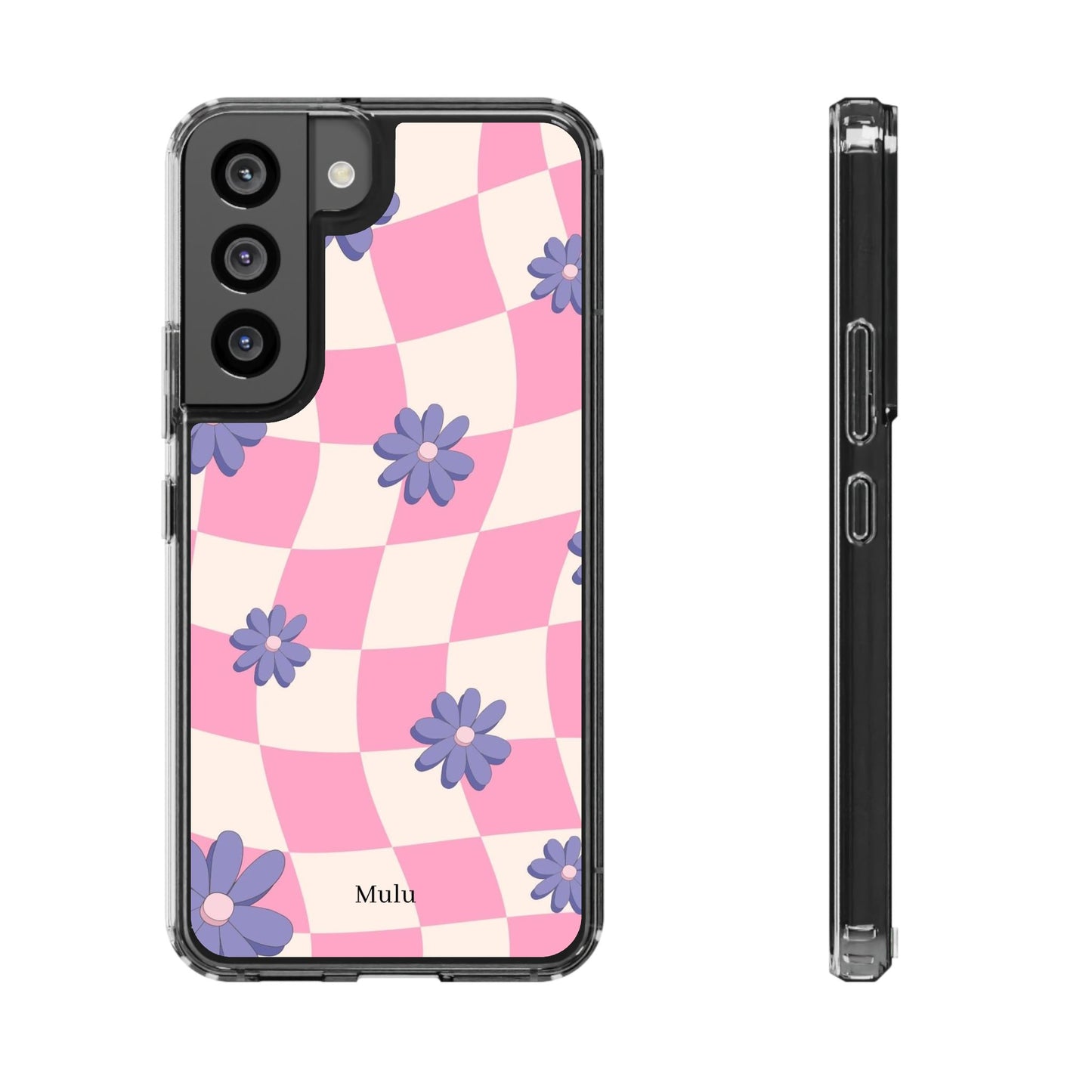 Clear Impact Phone Case — Pink Checkerboard with Purple Flowers