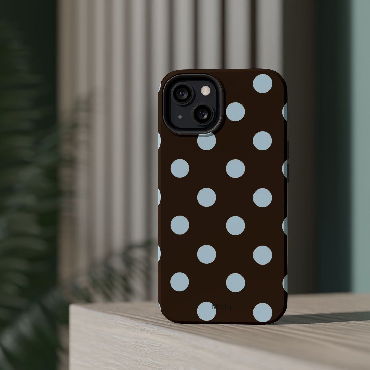 Polka Dot Magnetic Phone Case — Brown with Light Blue Dots, Impact-Resistant