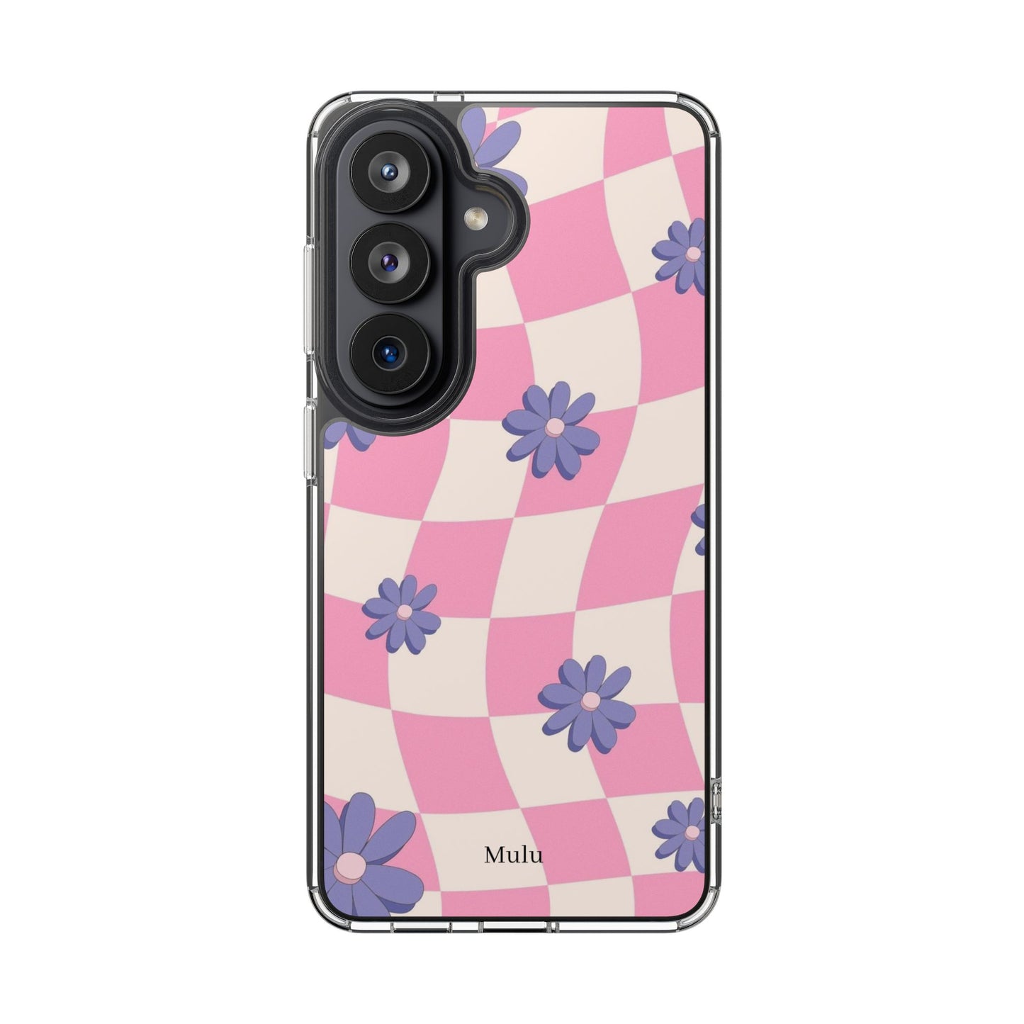 Clear Impact Phone Case — Pink Checkerboard with Purple Flowers