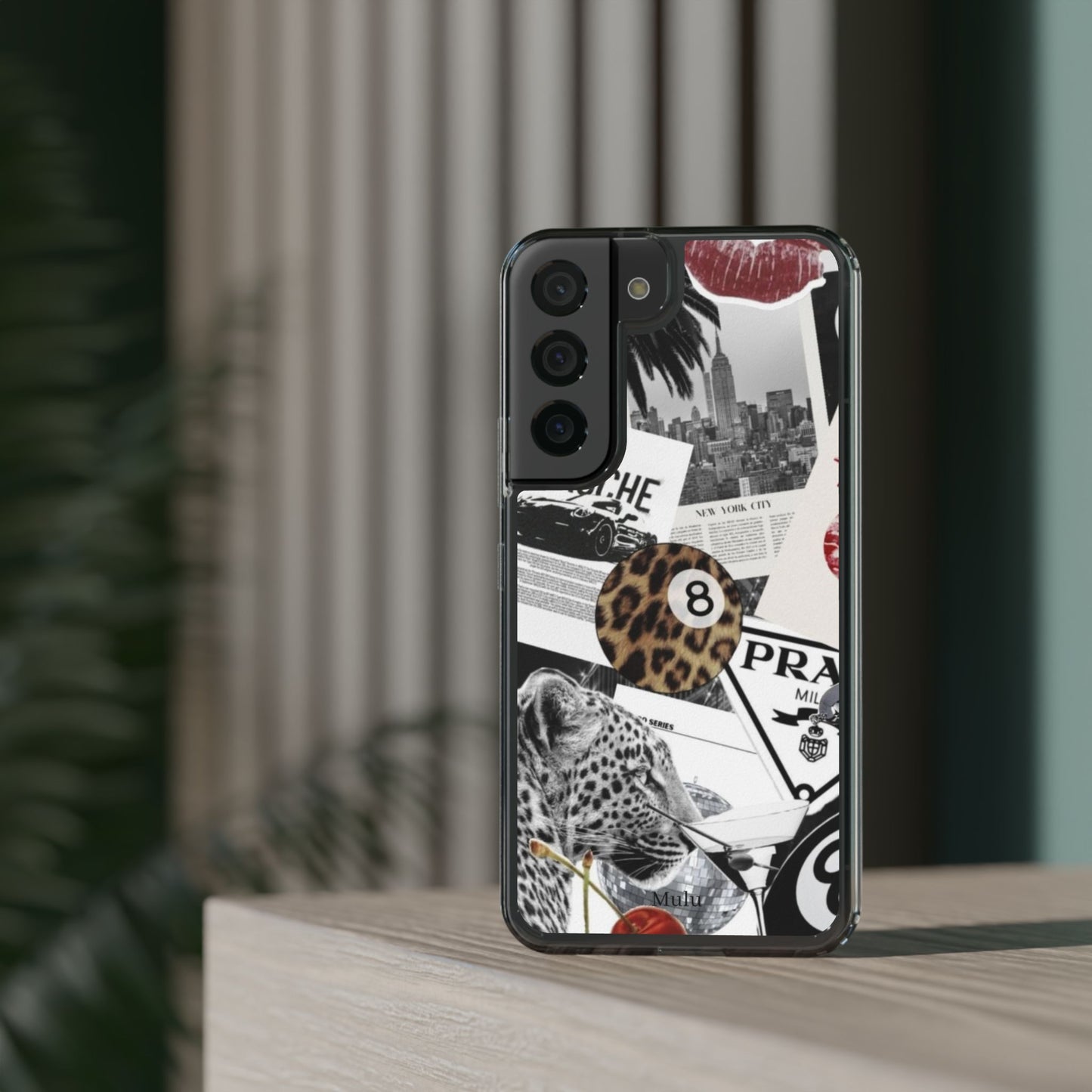 Clear Impact-Resistant Phone Case — Collage Luxury Leopard & Vintage Car Design