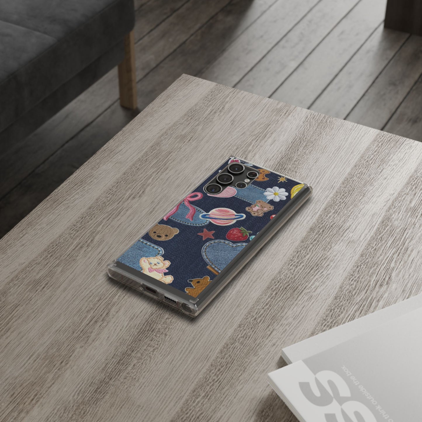 Clear Impact-Resistant Phone Case — Cute Denim Patch Collage (Teddy, Strawberry, Planet)