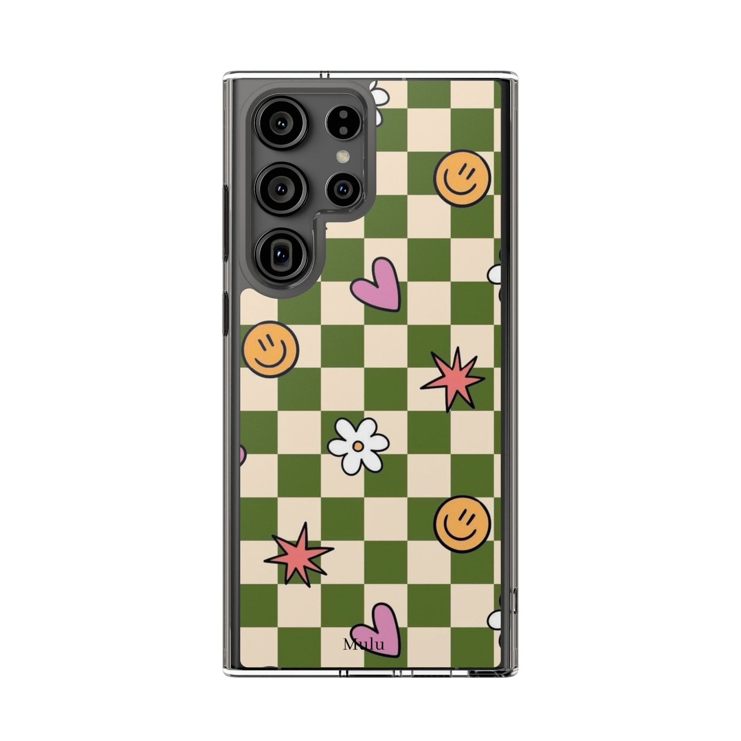 Clear Impact-Resistant Case — Retro Green Checkerboard with Smiley, Hearts & Flowers