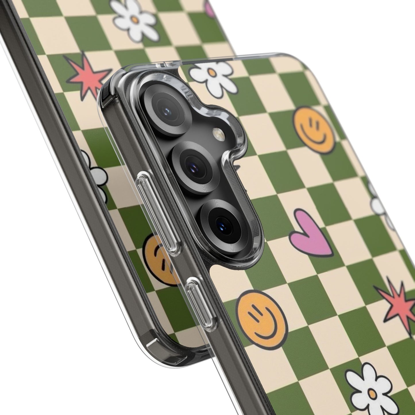 Clear Impact-Resistant Case — Retro Green Checkerboard with Smiley, Hearts & Flowers