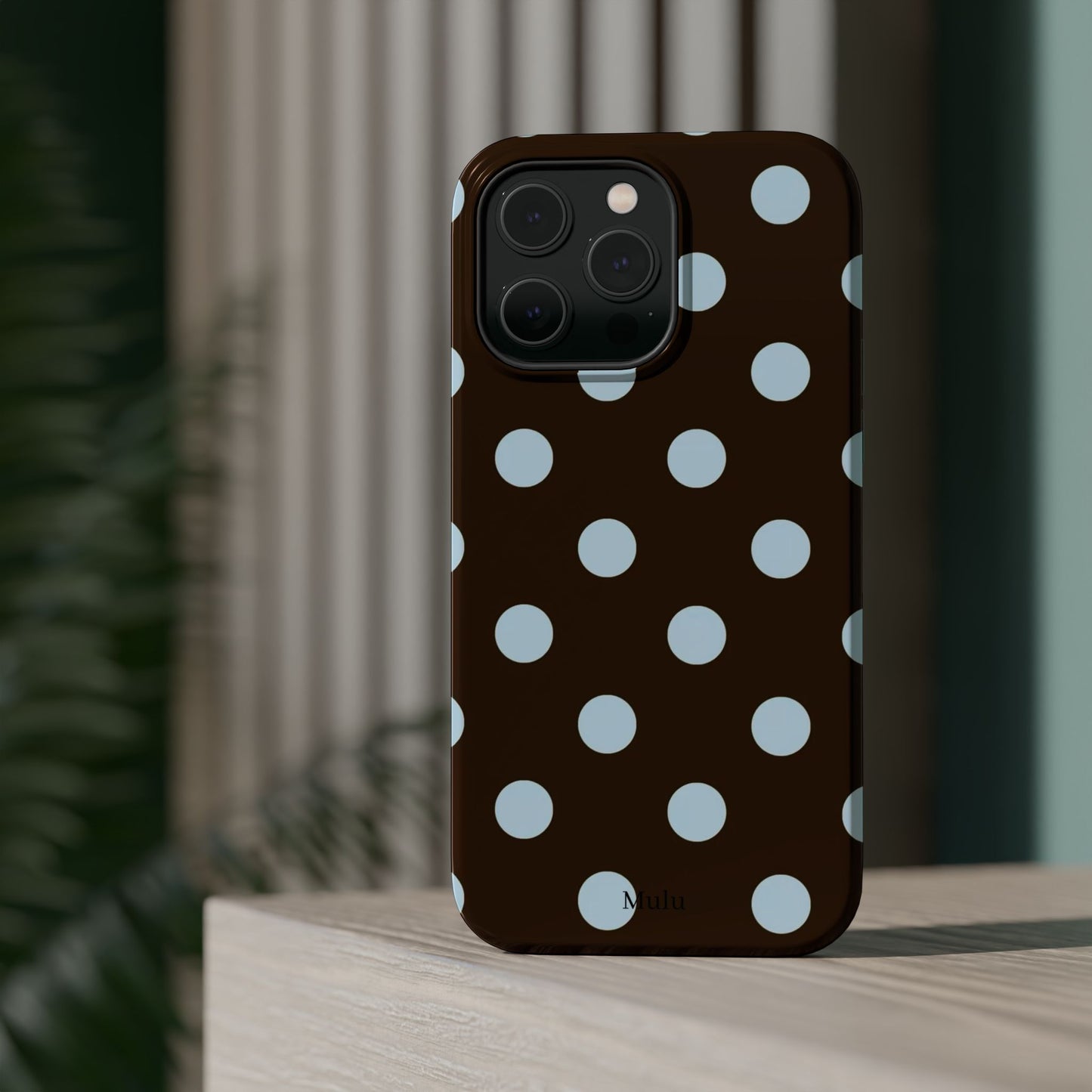 Polka Dot Magnetic Phone Case — Brown with Light Blue Dots, Impact-Resistant