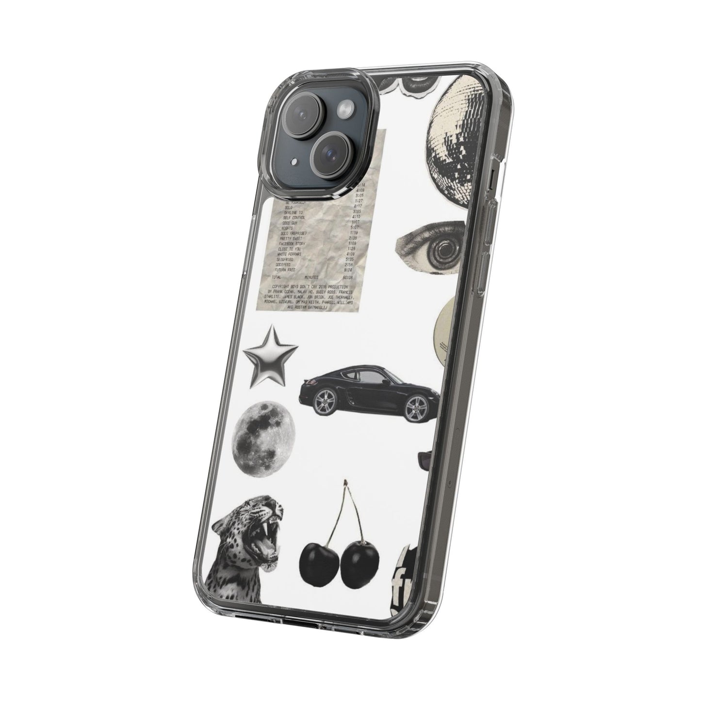 Clear Phone Case — Vintage Collage Stickers (Moon, Eye, Car, Cherries)