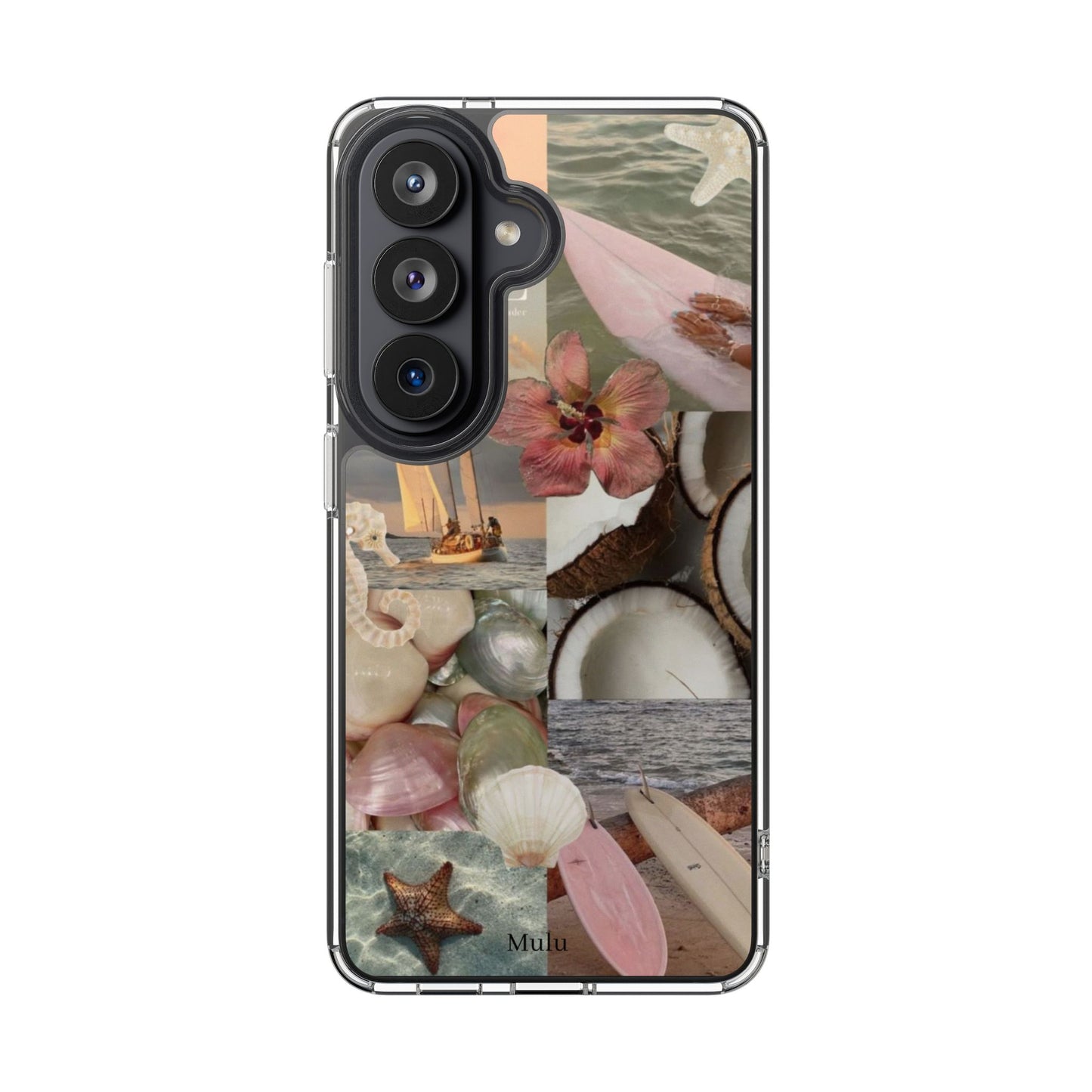 Clear Phone Case — Coastal Collage Shells & Surf Design