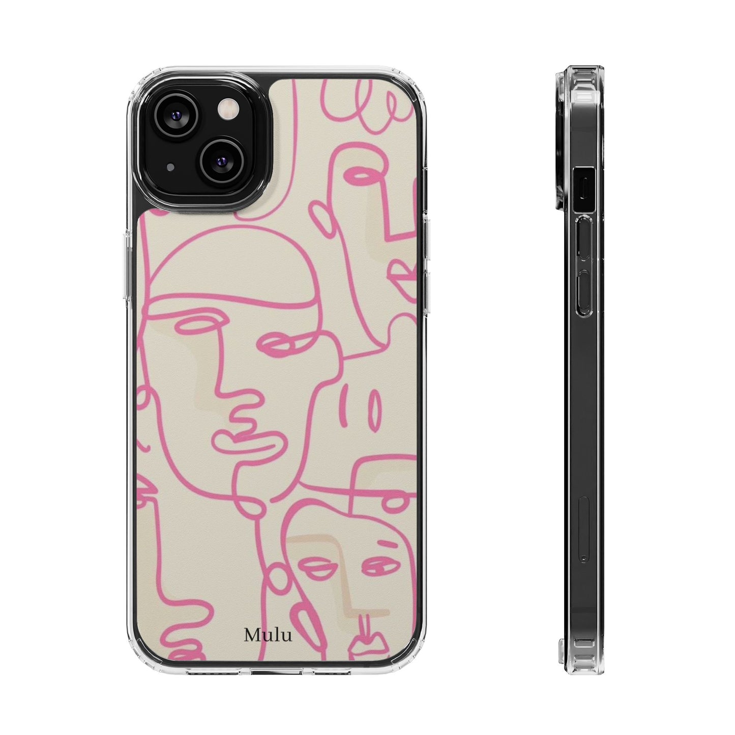 Clear Impact-Resistant Phone Case — Pink Minimalist Line Faces Design