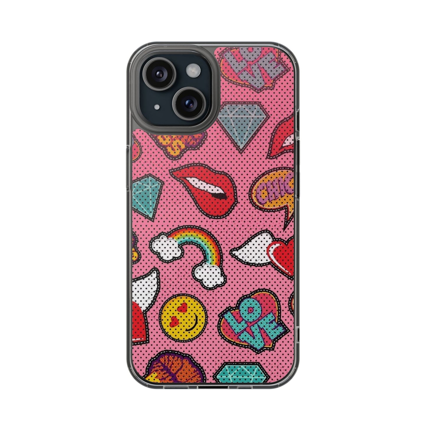 Clear Impact-Resistant Phone Case — Pink Pop Sticker Pattern (Hearts, Rainbows, Smileys)