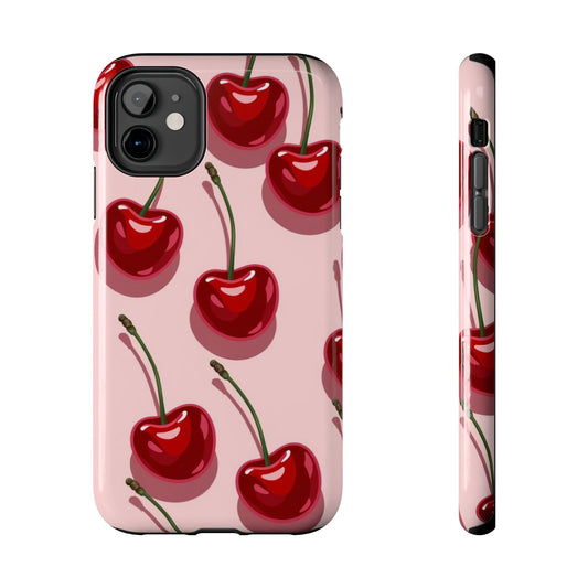 Cherry Pattern Tough Phone Case — Retro Pink Cherry Print Protective Phone Case