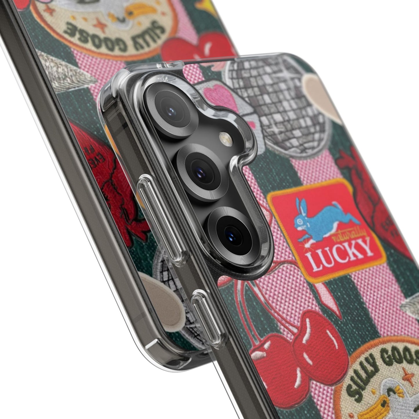 Clear Impact-Resistant Phone Case — Retro Patchwork Stickers (Lucky, Cherries, Silly Goose)