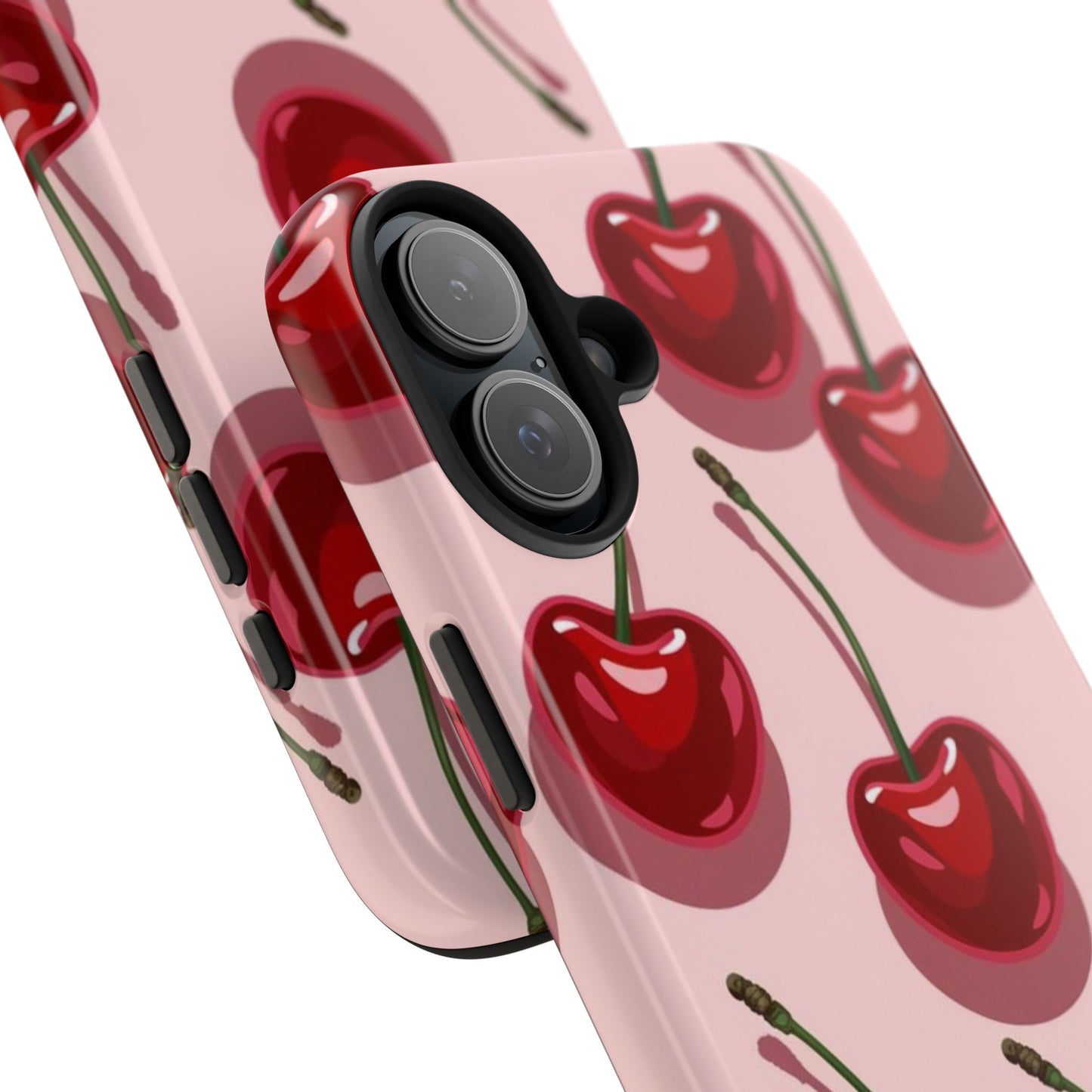 Cherry Pattern Tough Phone Case — Retro Pink Cherry Print Protective Phone Case
