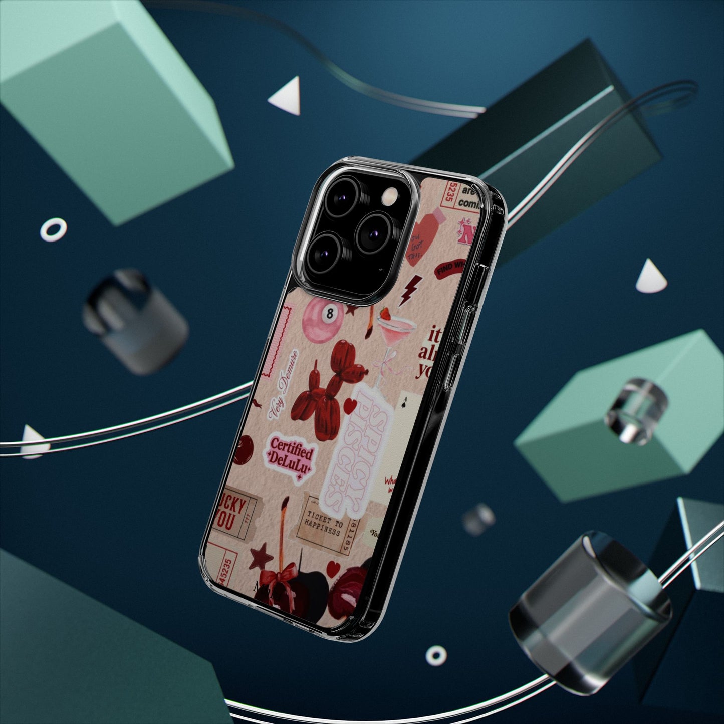 Clear Impact-Resistant Phone Case — Retro Cherry & Sticker Collage
