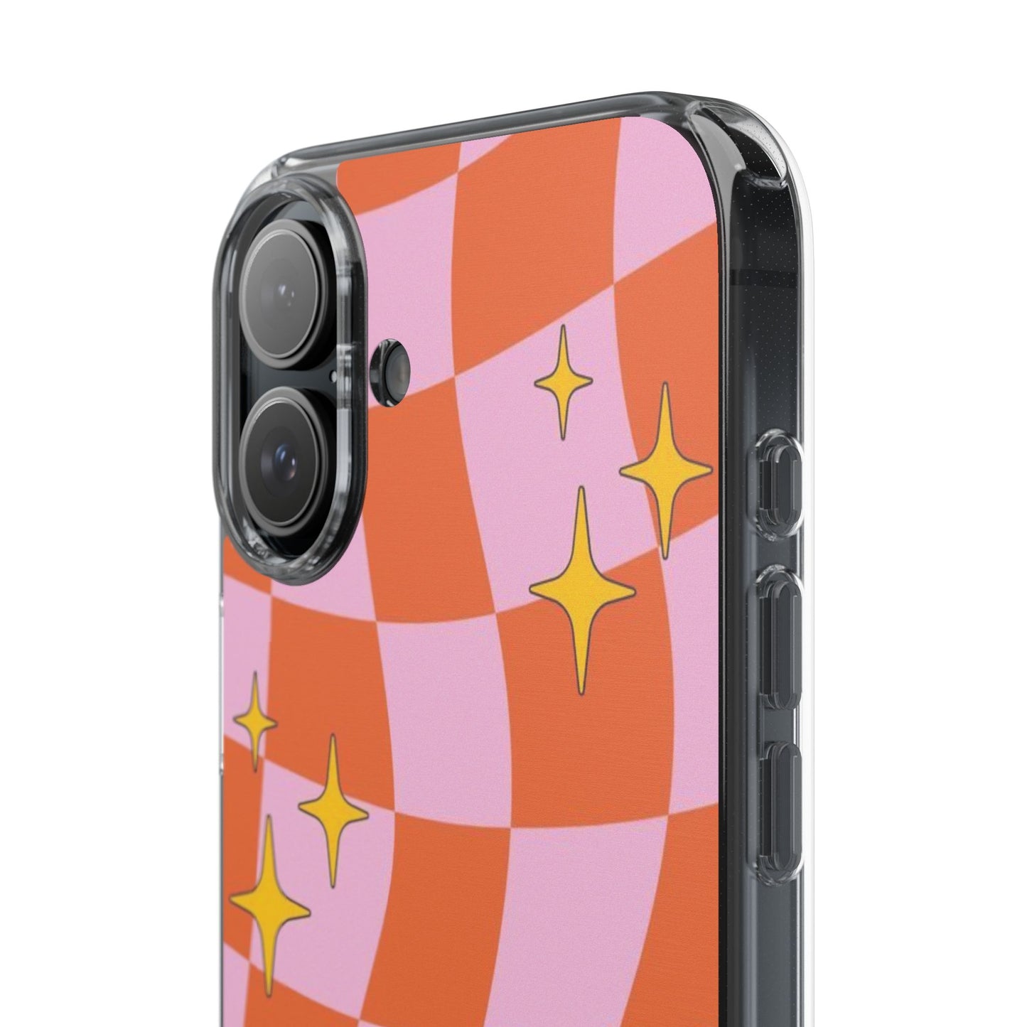 Clear Impact-Resistant Case — Retro Pink & Orange Checker with Sparkle Stars