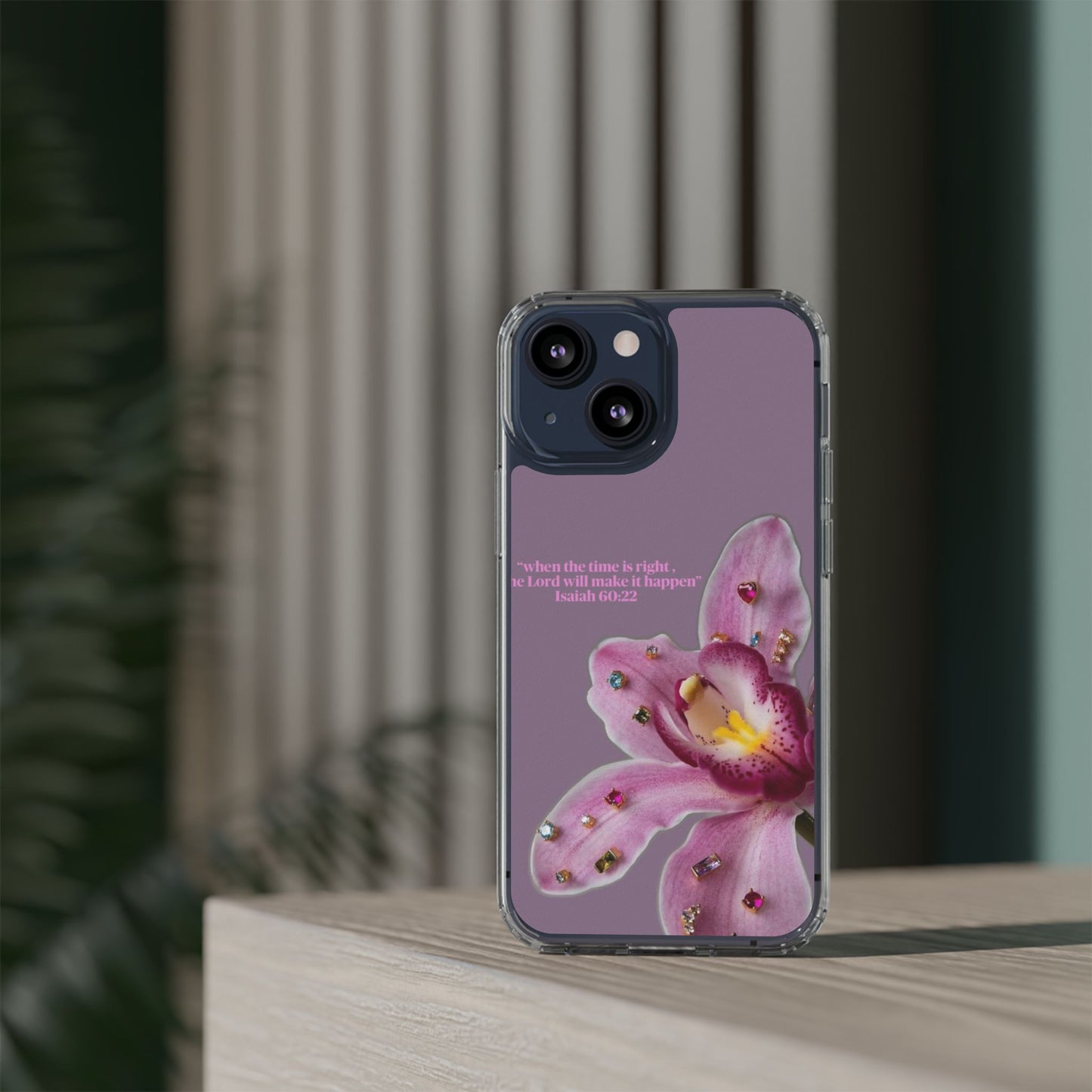 Clear Floral Impact-Resistant Phone Case — "When the time is right" Rose Orchid Design