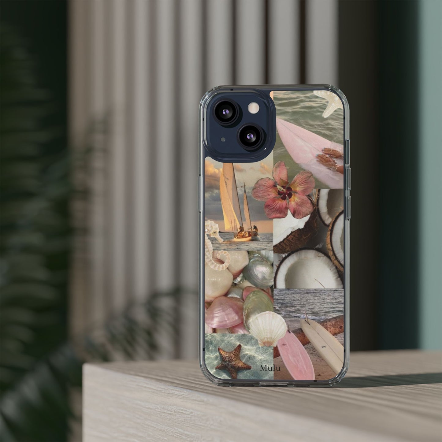 Clear Phone Case — Coastal Collage Shells & Surf Design