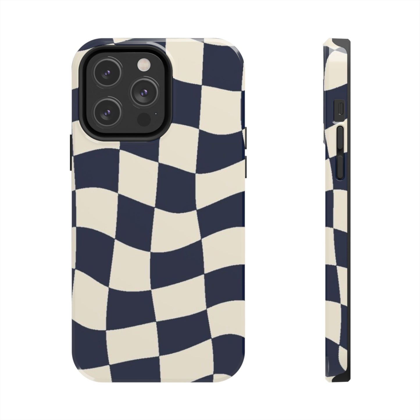 Wavy Checkerboard Tough Phone Case — Navy & Cream Protective Cover