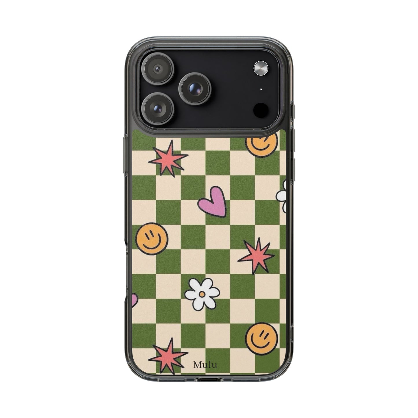 Clear Impact-Resistant Case — Retro Green Checkerboard with Smiley, Hearts & Flowers
