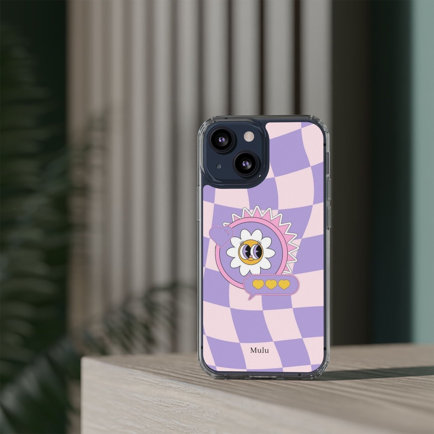 Clear Impact-Resistant Case — Cute Purple Checkerboard Dino with 'Mulu'