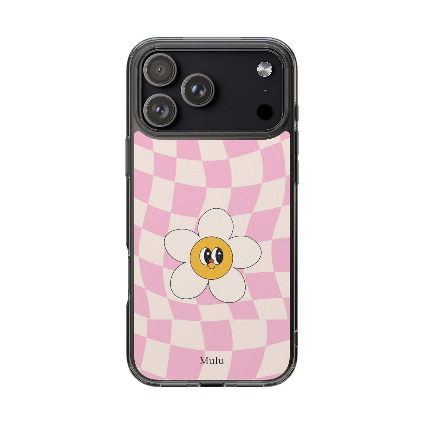 Clear Impact-Resistant Phone Case — Pink Checkerboard Daisy Design