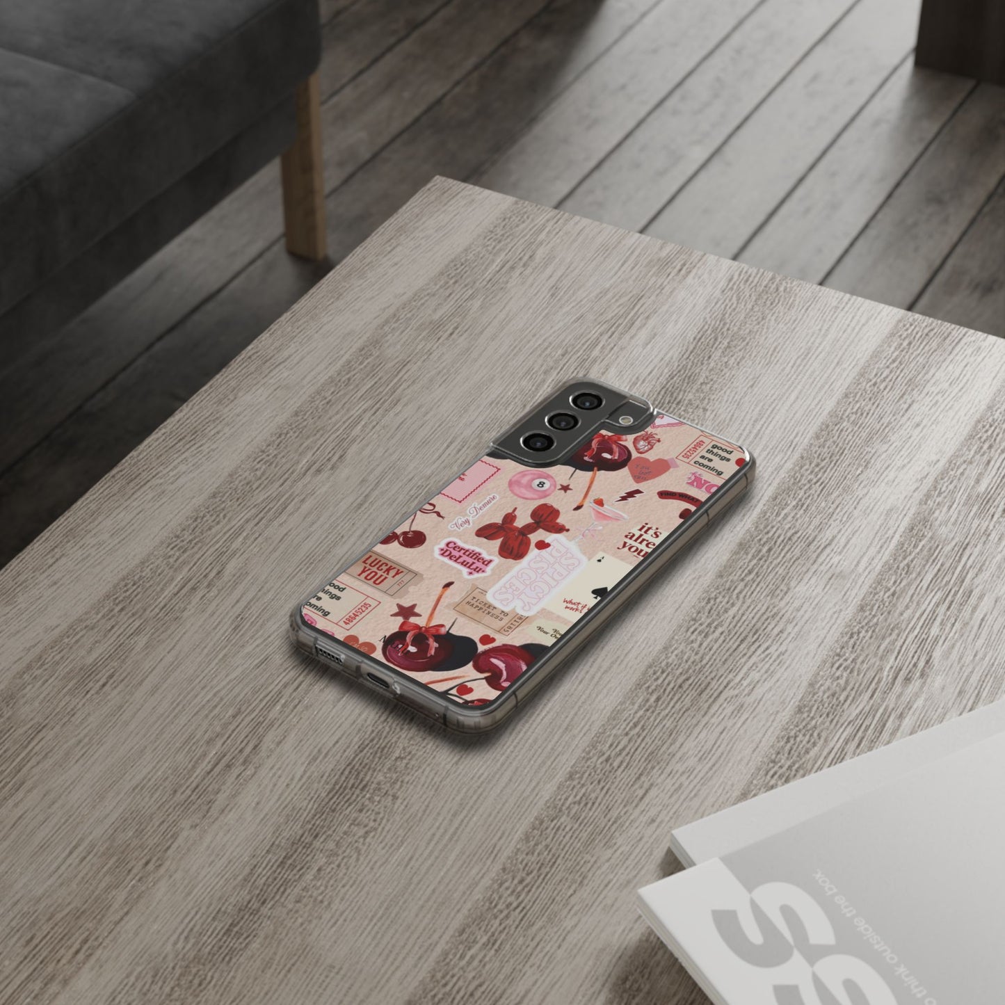 Clear Impact-Resistant Phone Case — Retro Cherry & Sticker Collage