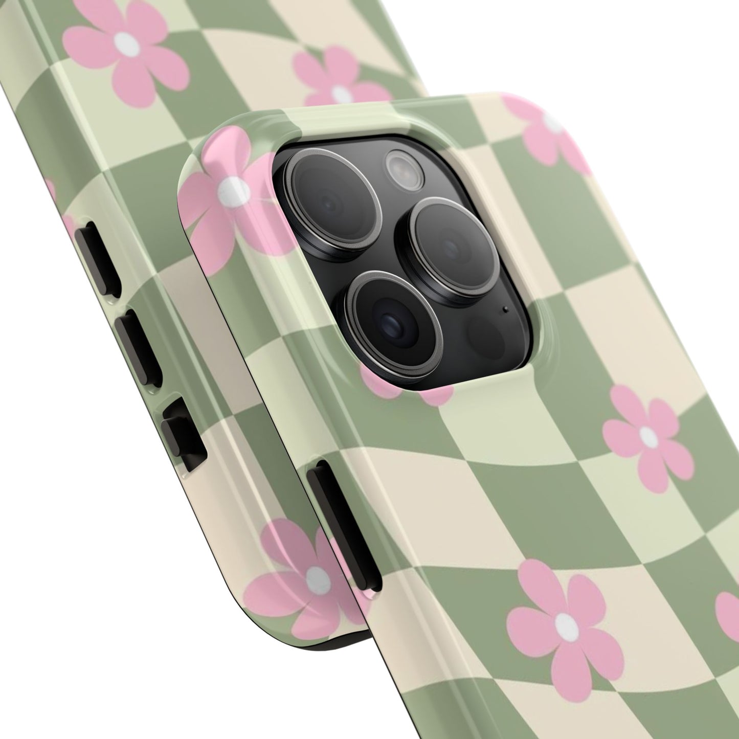 Tough Phone Case — Retro Green Checkerboard with Pink Flowers
