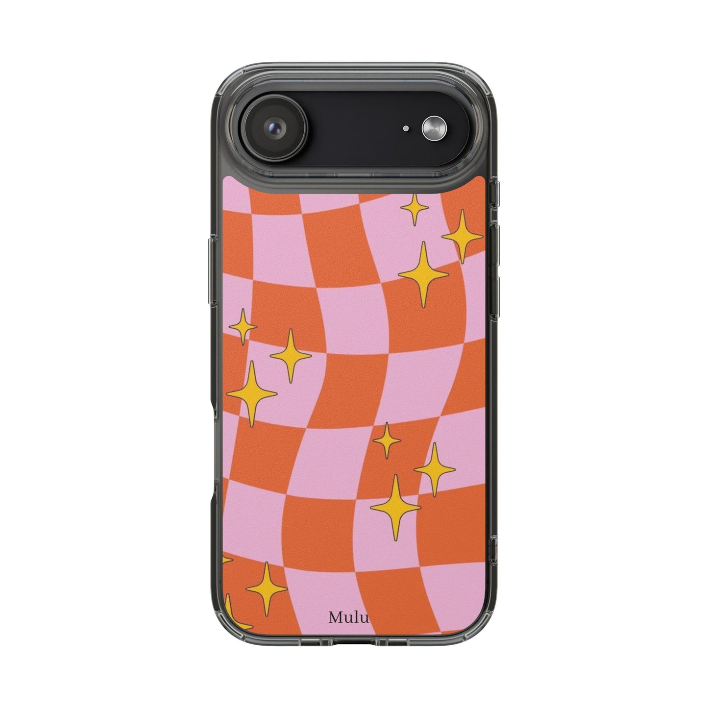 Clear Impact-Resistant Case — Retro Pink & Orange Checker with Sparkle Stars