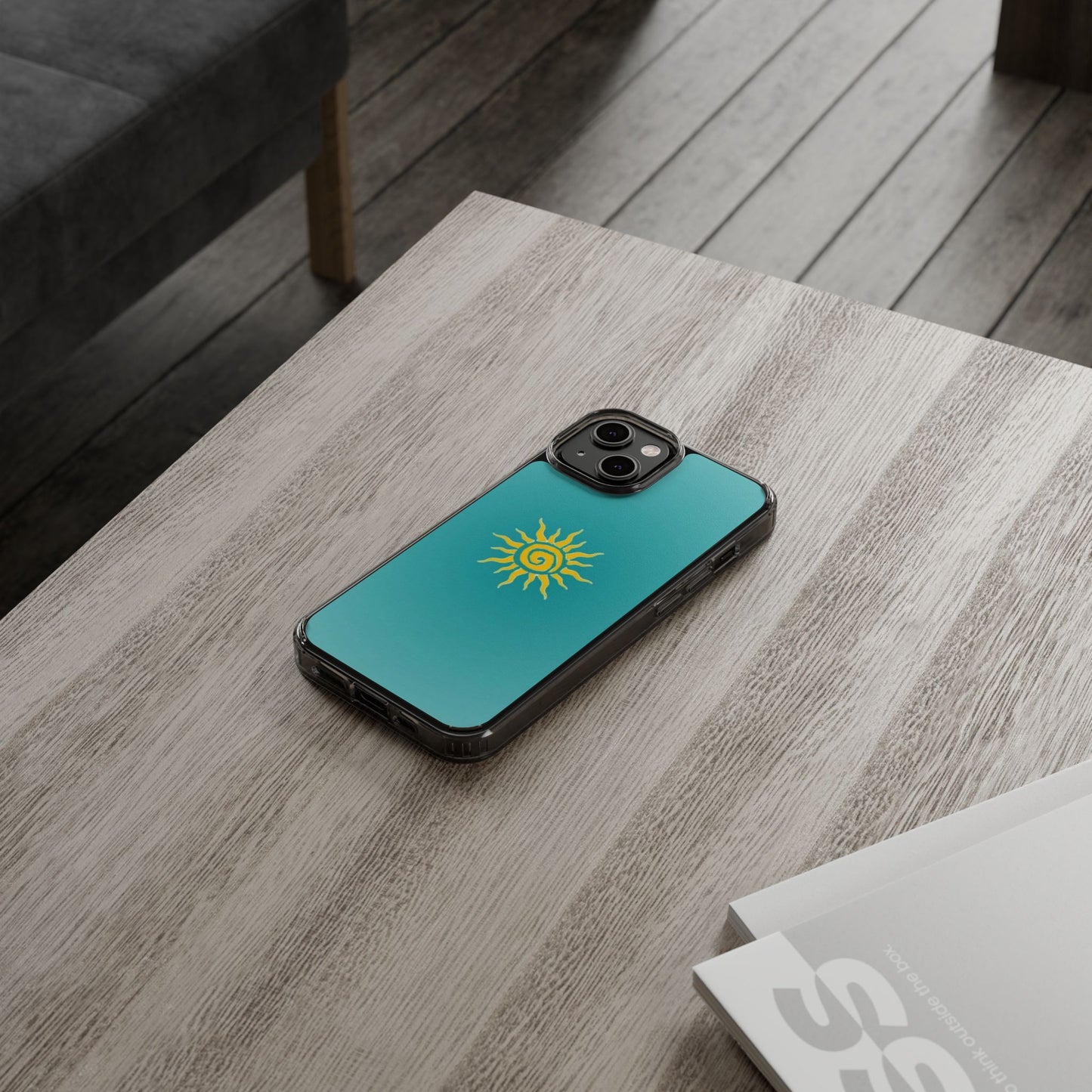 Clear Impact-Resistant Phone Case — Yellow Sun on Teal Gradient