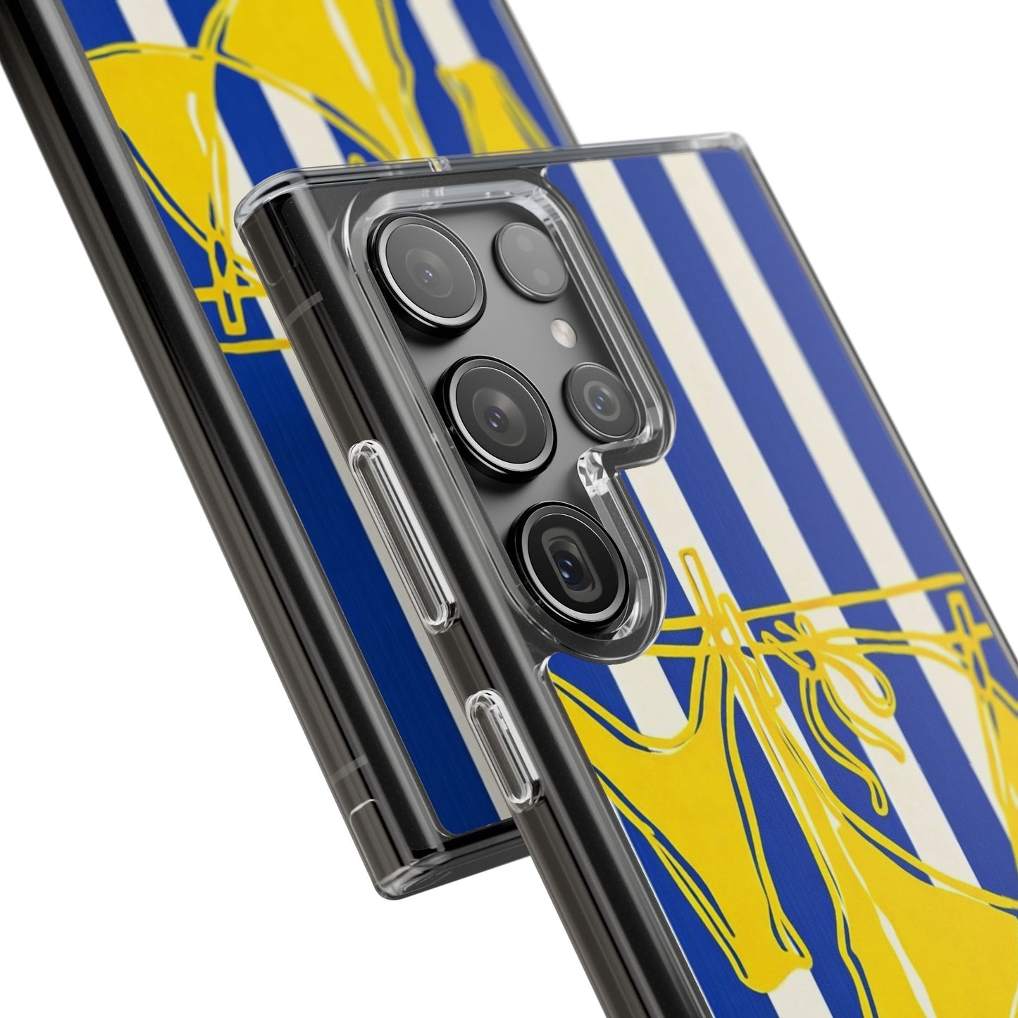 Striped Beach Bikini Phone Case — Yellow Swimwear on Blue & White Stripes, Clear Impact-Resistant