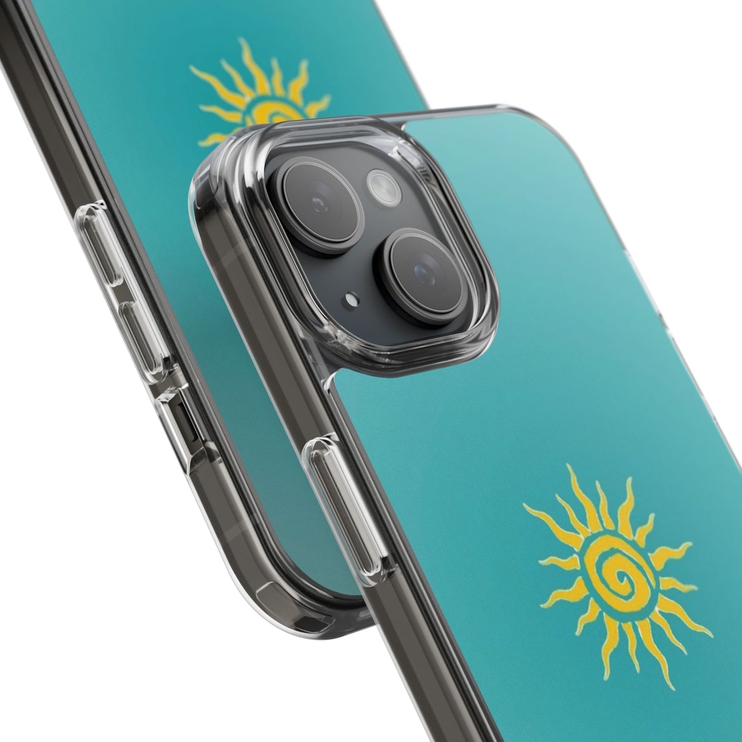Clear Impact-Resistant Phone Case — Yellow Sun on Teal Gradient