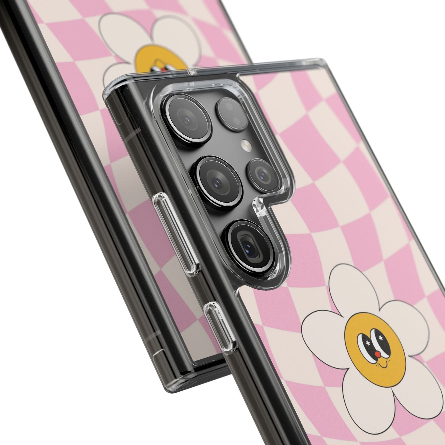 Clear Impact-Resistant Phone Case — Pink Checkerboard Daisy Design