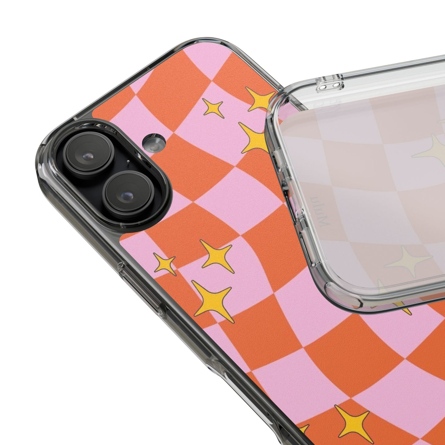 Clear Impact-Resistant Case — Retro Pink & Orange Checker with Sparkle Stars