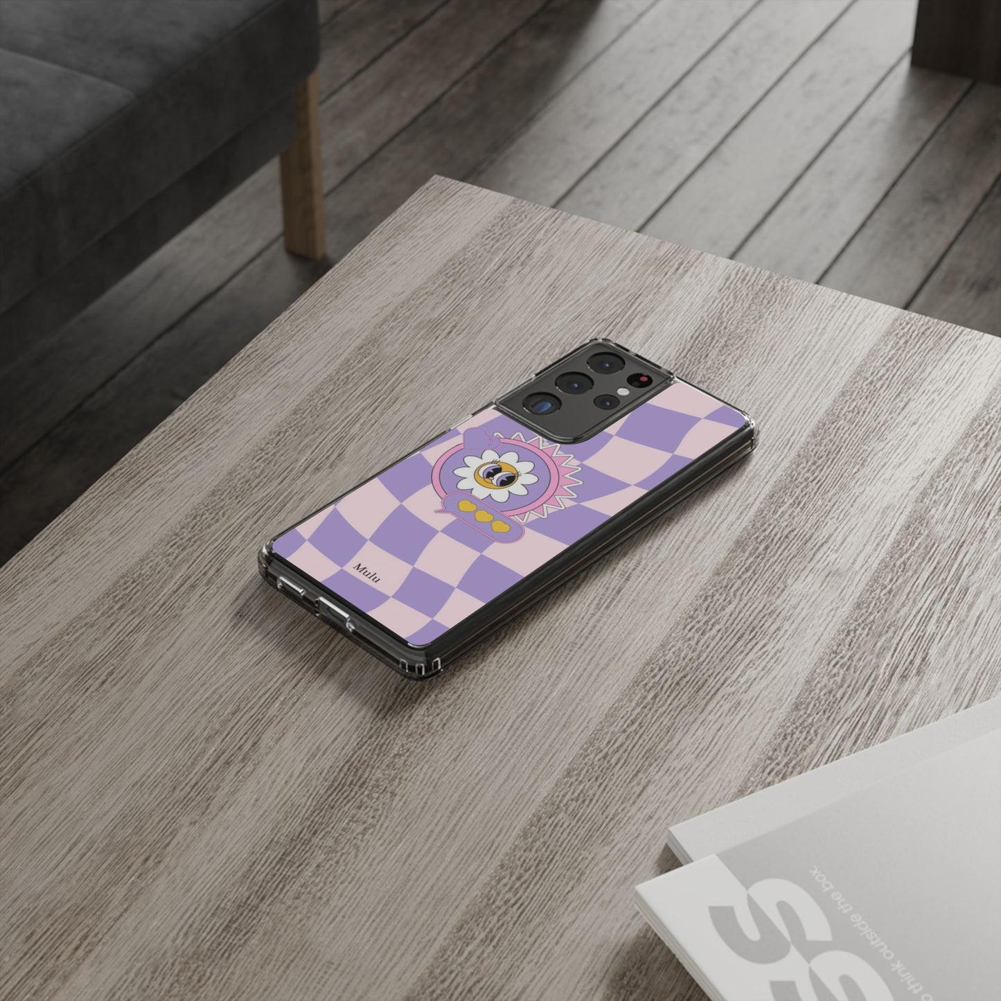 Clear Impact-Resistant Case — Cute Purple Checkerboard Dino with 'Mulu'