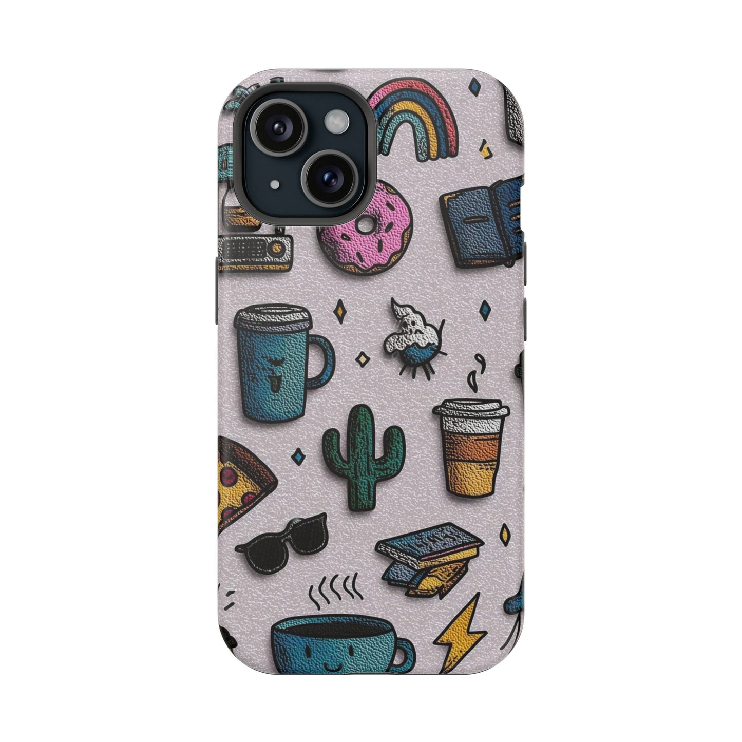 Cute Doodle Phone Case — Magnetic Impact-Resistant Design (coffee, rainbow, cactus)