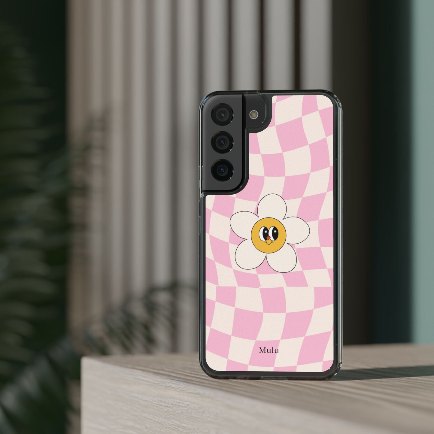 Clear Impact-Resistant Phone Case — Pink Checkerboard Daisy Design