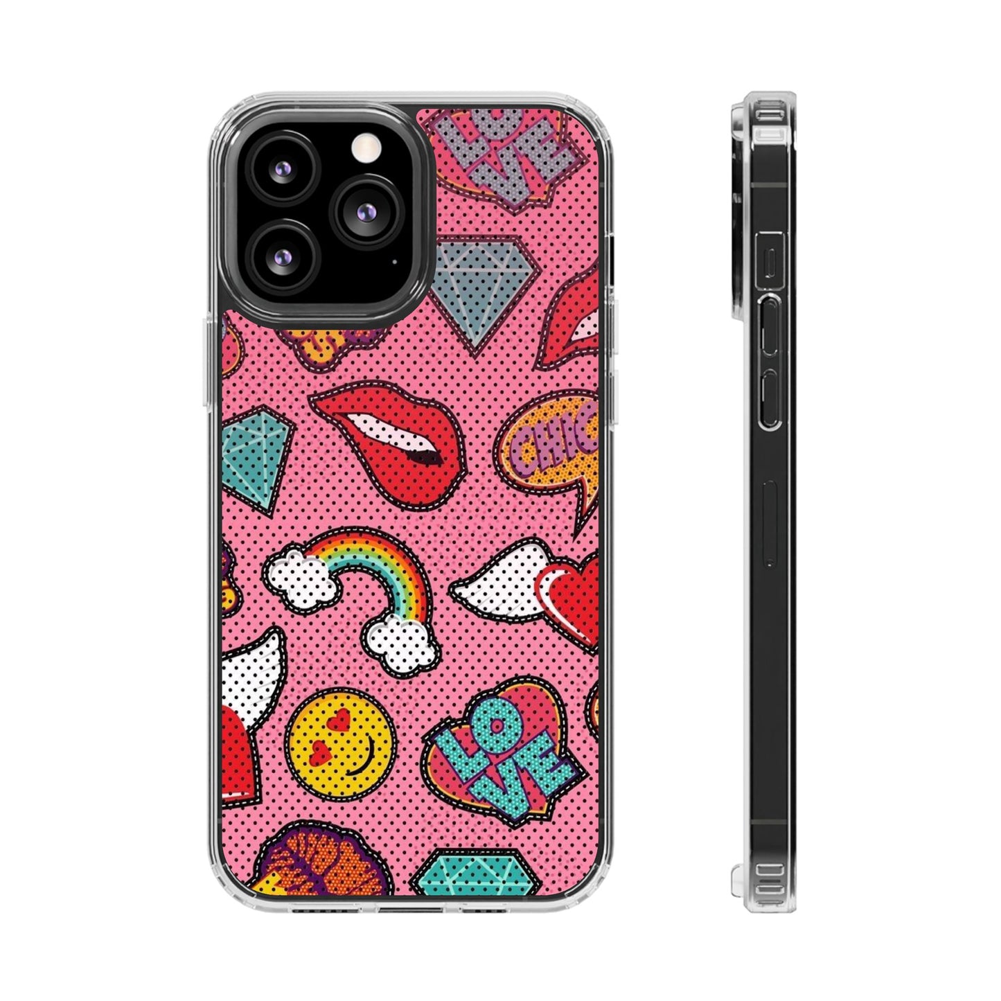 Clear Impact-Resistant Phone Case — Pink Pop Sticker Pattern (Hearts, Rainbows, Smileys)