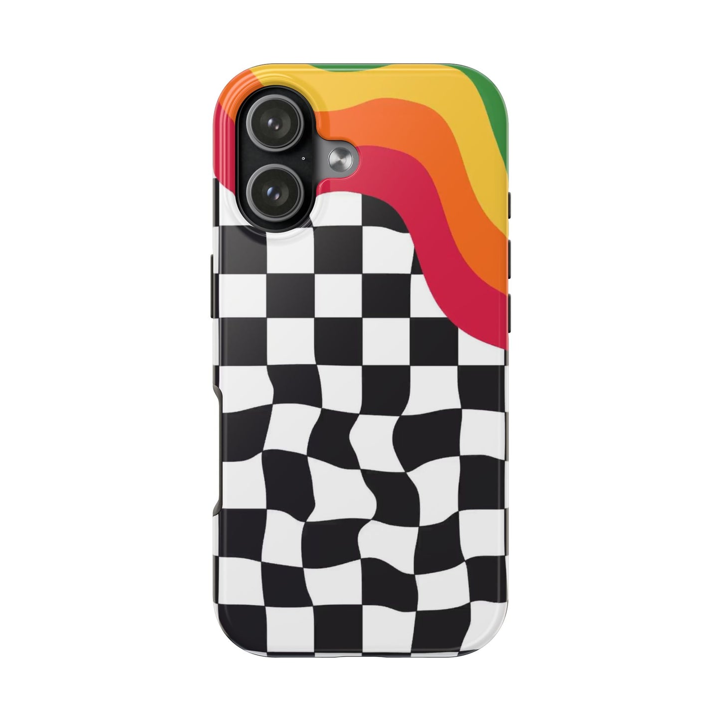 Retro Wavy Checkerboard Tough Phone Case — Rainbow Surf Skate Design