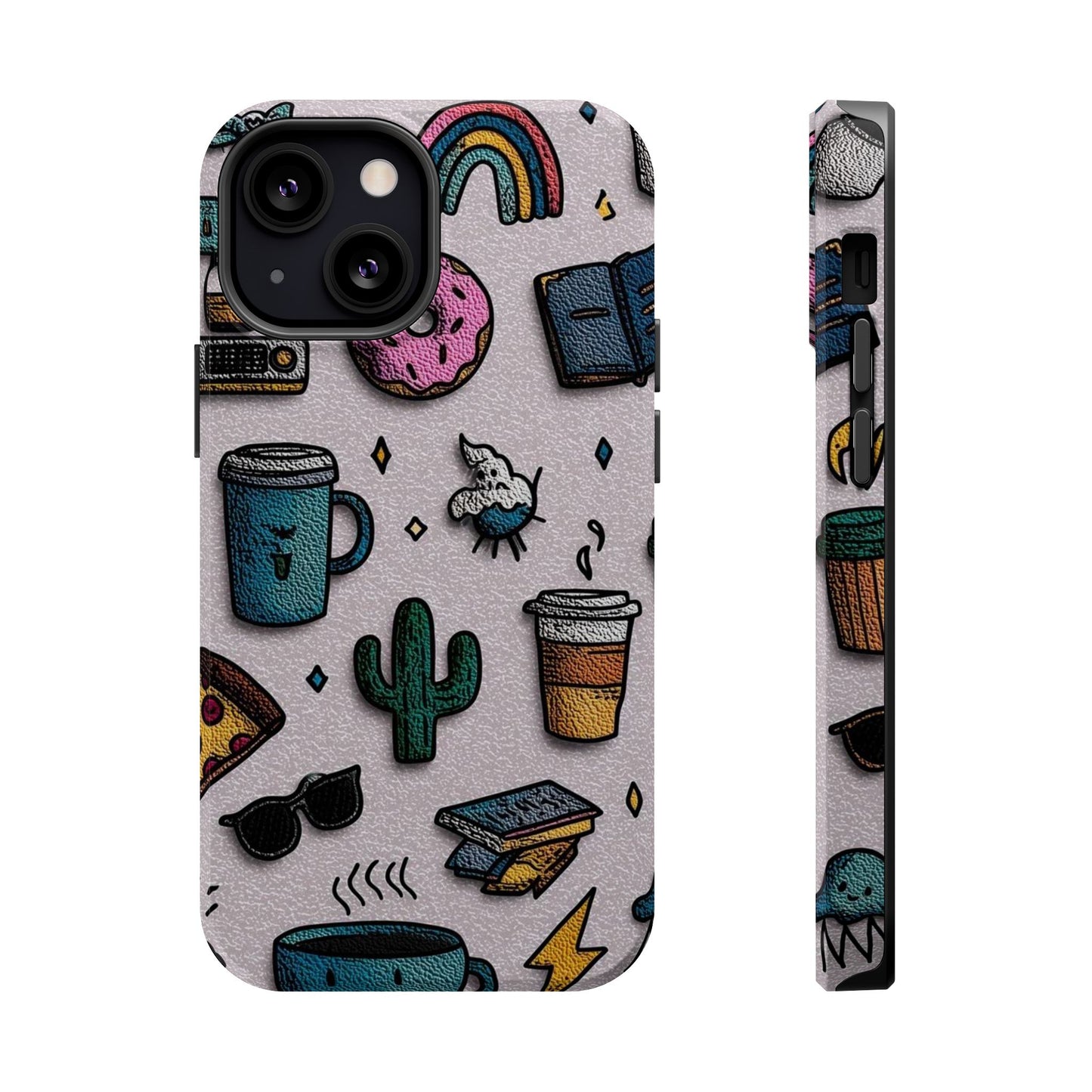 Cute Doodle Phone Case — Magnetic Impact-Resistant Design (coffee, rainbow, cactus)