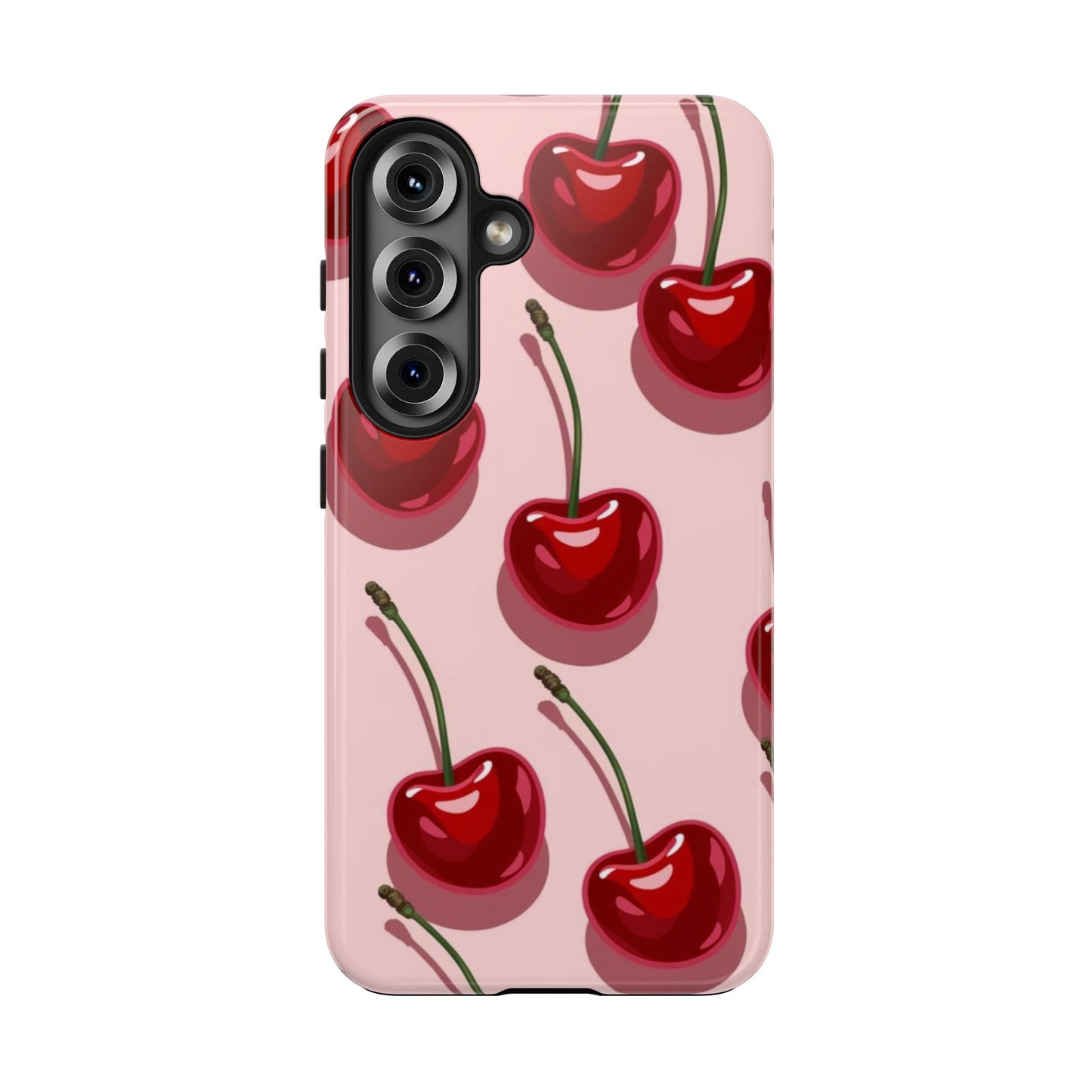Cherry Pattern Tough Phone Case — Retro Pink Cherry Print Protective Phone Case