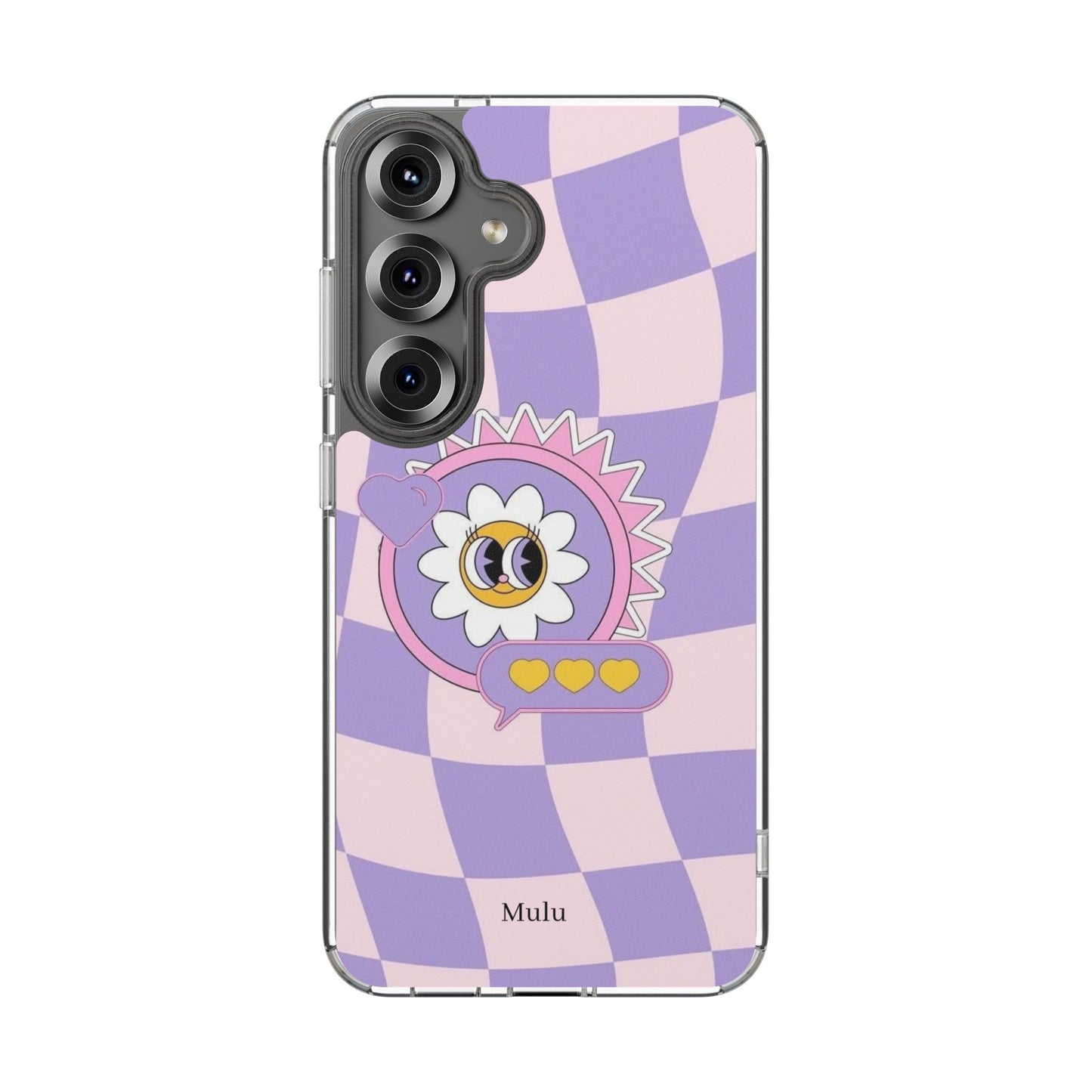Clear Impact-Resistant Case — Cute Purple Checkerboard Dino with 'Mulu'