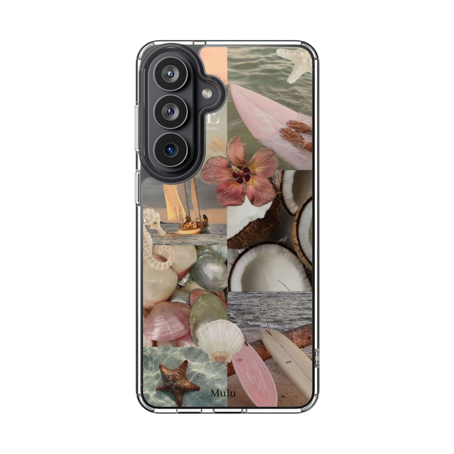 Clear Phone Case — Coastal Collage Shells & Surf Design
