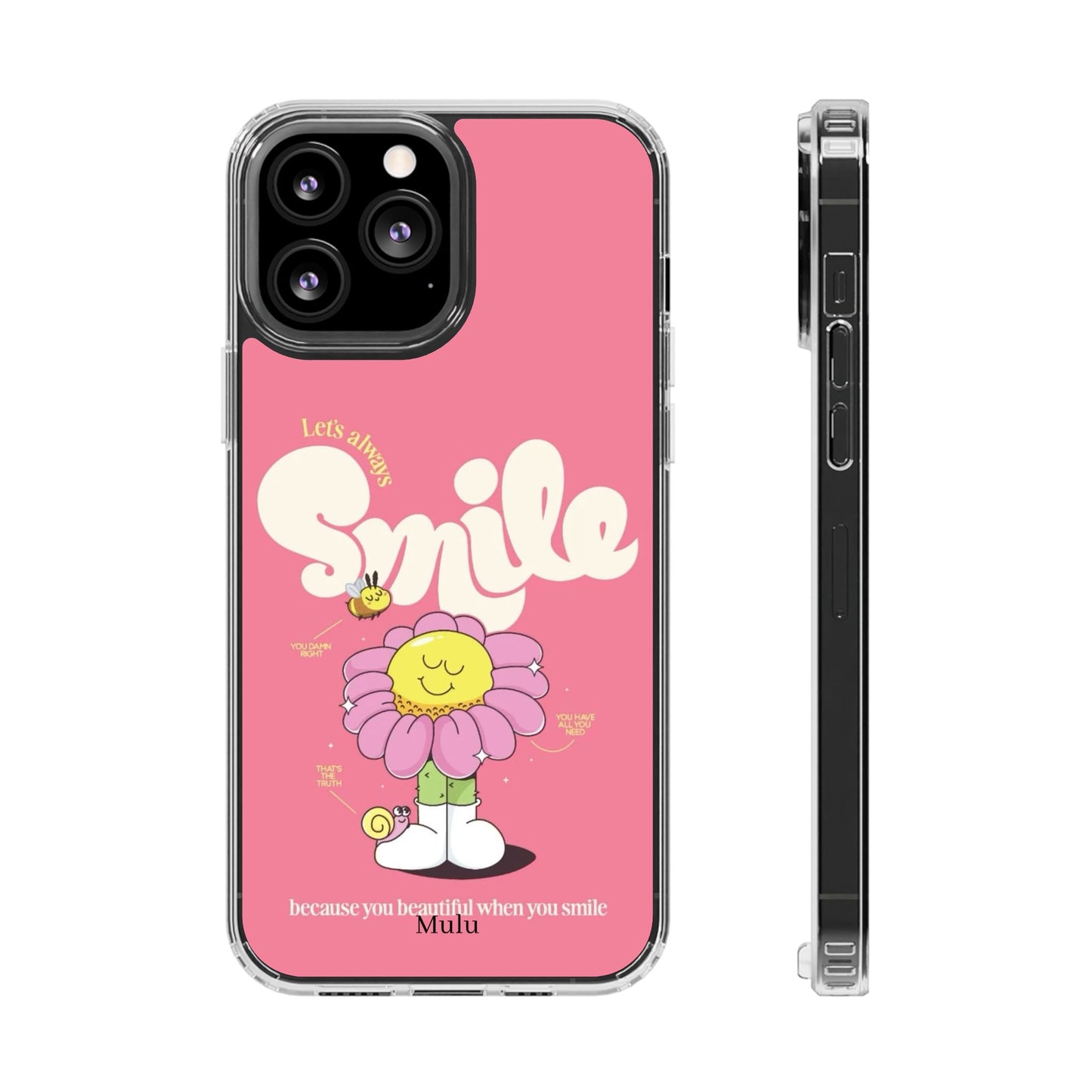 Clear Impact-Resistant Phone Case — Pink 'Smile' Flower Design